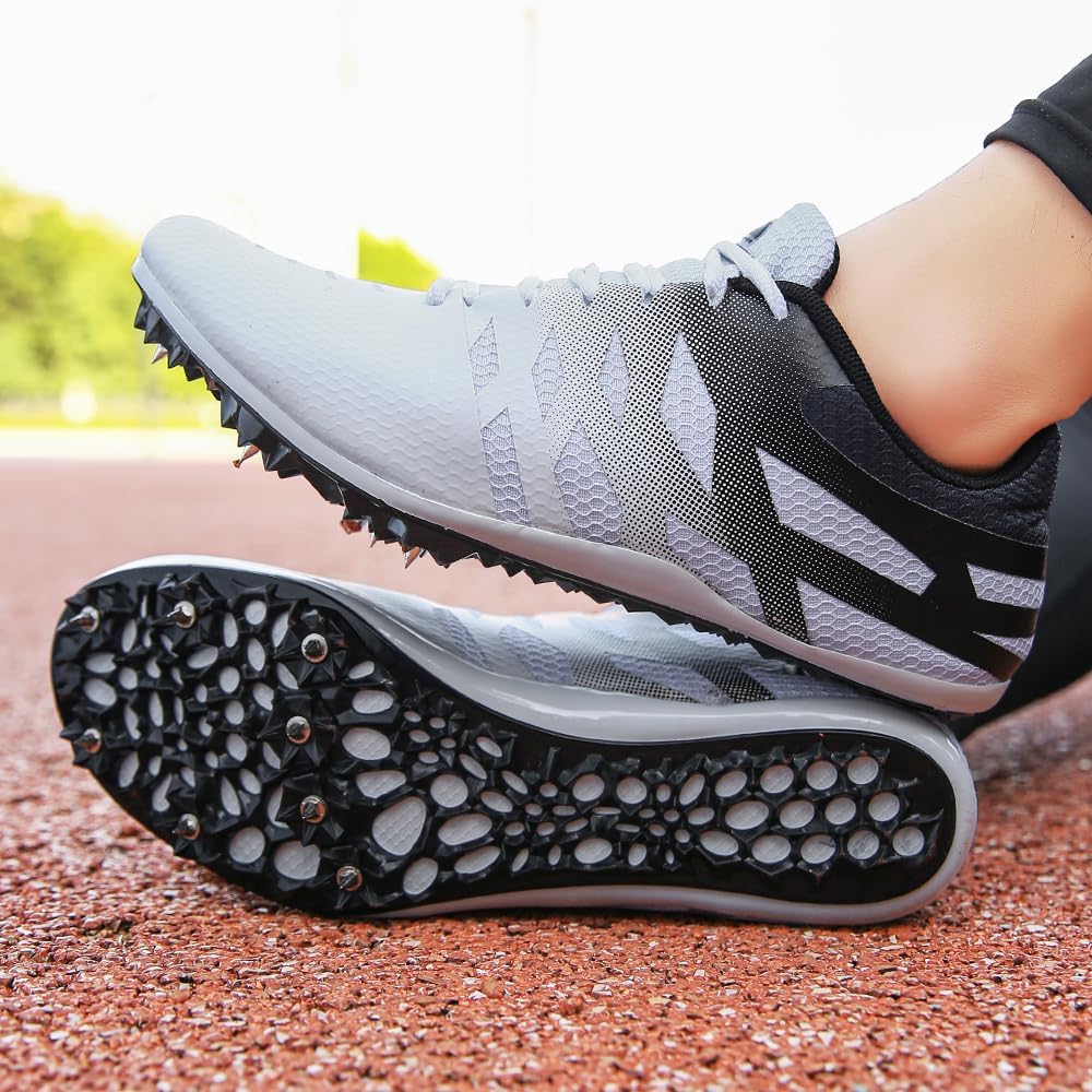 Men Women Kids Track and Field Shoes Professional 8 Spikes Running Racing Sneakers Breathable Lightweight Sprinting Shoes 4.5 White Black